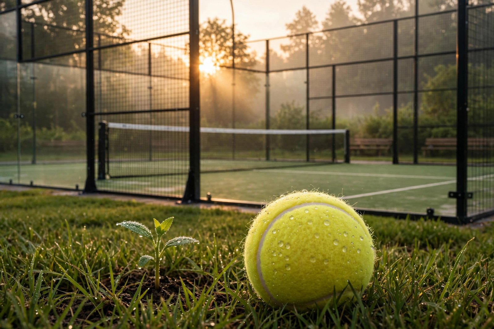 Pelota de pádel al amanecer junto a una planta brotando